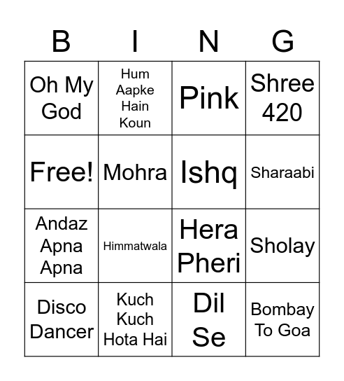 Bollywood - Level 2 Bingo Card