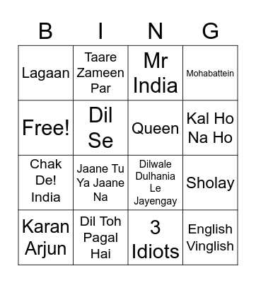 Bollywood - Level 1 Bingo Card