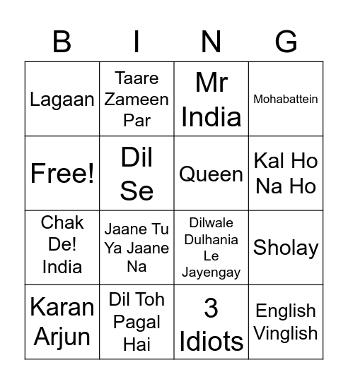 Bollywood - Level 1 Bingo Card