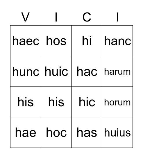 Hic, Haec, Hoc Bingo Card