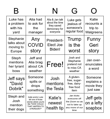 Killinger Family Thanksgiving Bingo Card