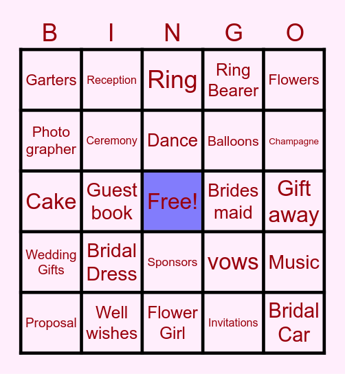 Rime's Bridal Shower Bingo Card