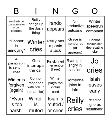 Vent Night Bingo Card