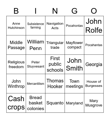 13 Colonies Bingo Card