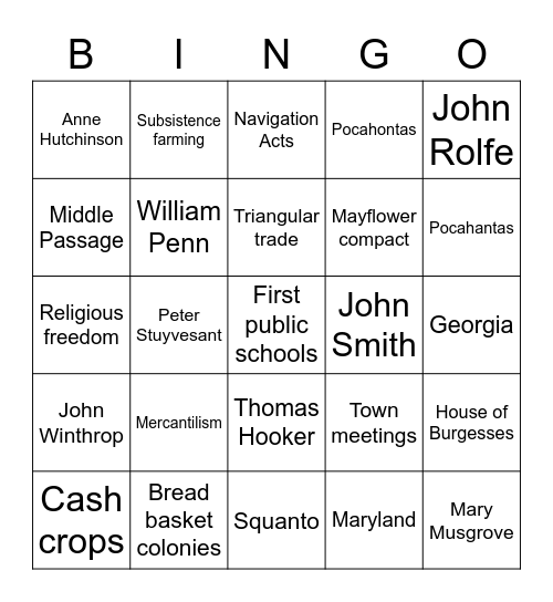 13 Colonies Bingo Card