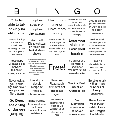 Ultimate Would You Rather Bingo Card