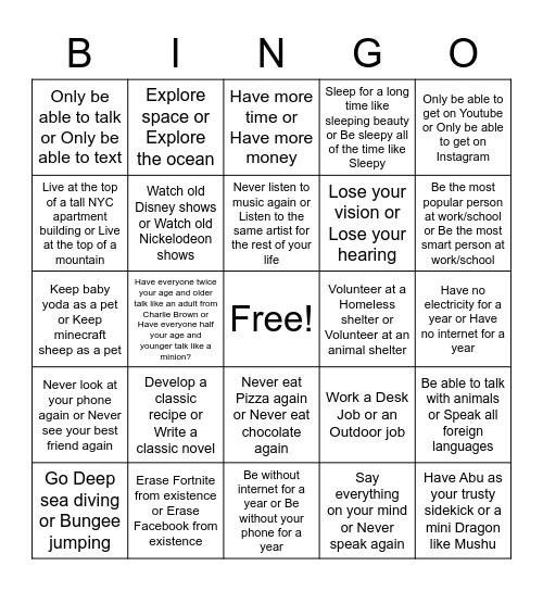 Ultimate Would You Rather Bingo Card