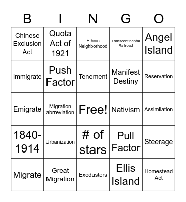 Migration vocabulary Bingo Card