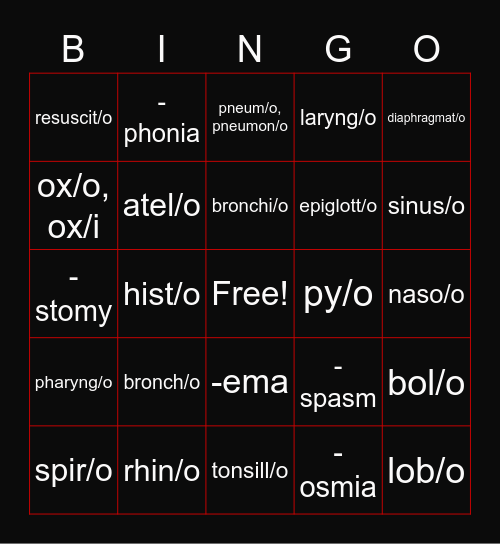 Respiratory Terms Bingo Card