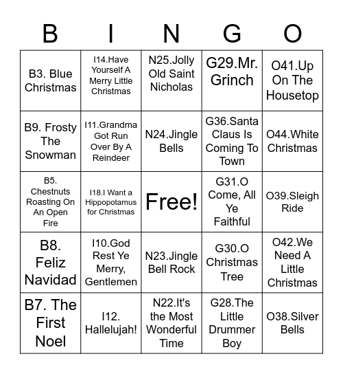 Christmas Carol Bingo Card
