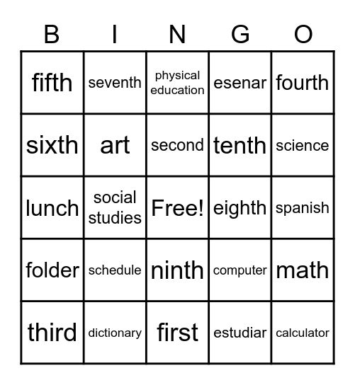 School Subjects Spanish Bingo Card