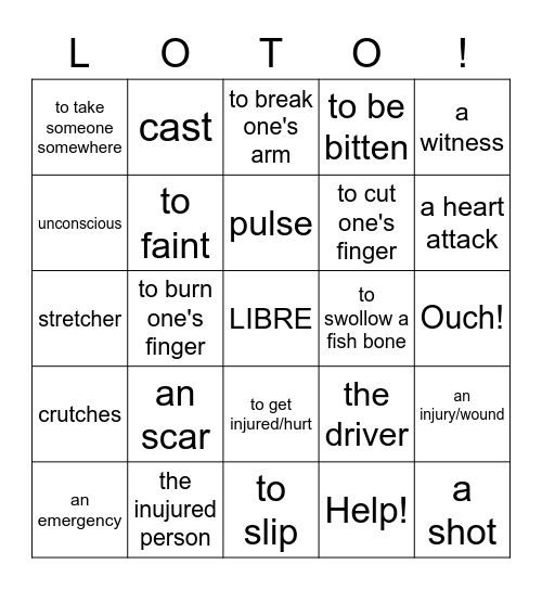 Les accidents et les urgences Bingo Card