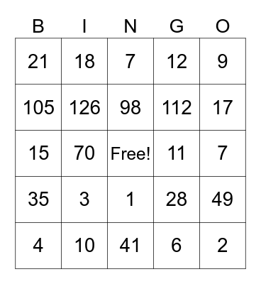 Multiplication Bingo Card