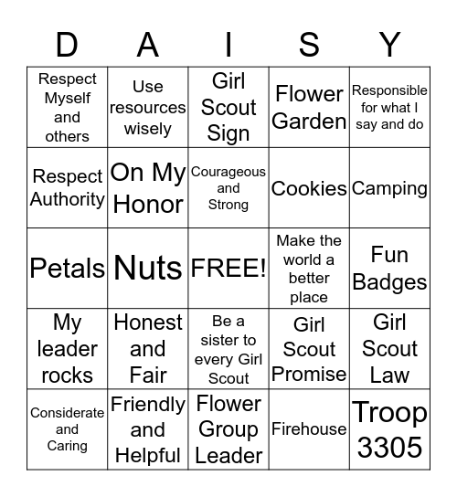 Girl Scout Daisy Bingo Card
