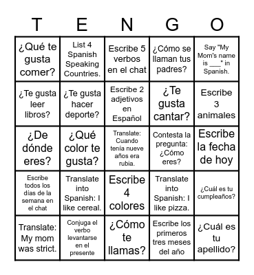 Lotería de Repaso: Español 2 Bingo Card