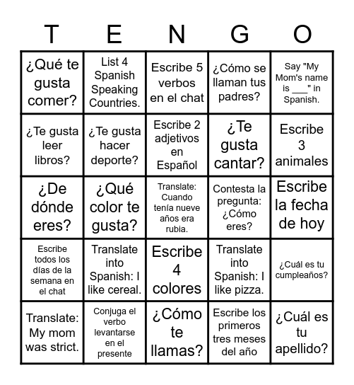 Lotería de Repaso: Español 2 Bingo Card