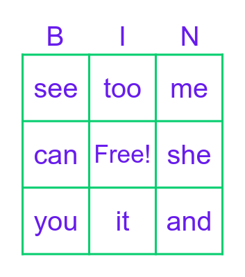Jocelyn's Sight Words Bingo Card