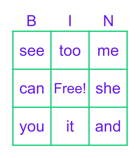 Jocelyn's Sight Words Bingo Card