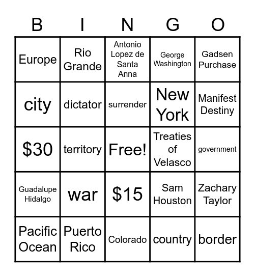 Mexican America War Bingo Card