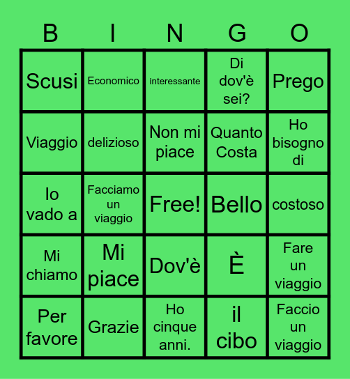 Unita 2:  Il viaggio Bingo Card
