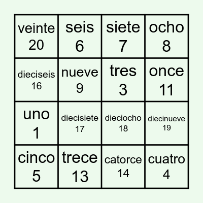 Los números 0-20 Bingo Card
