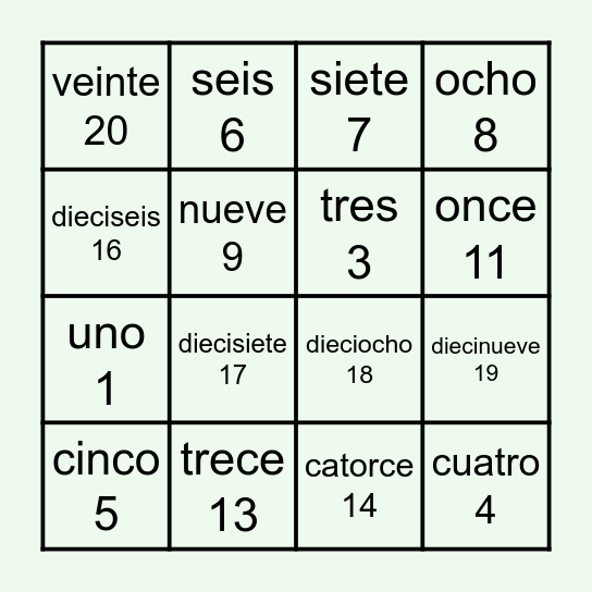 Los números 0-20 Bingo Card