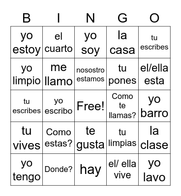 spanish verbs Bingo Card