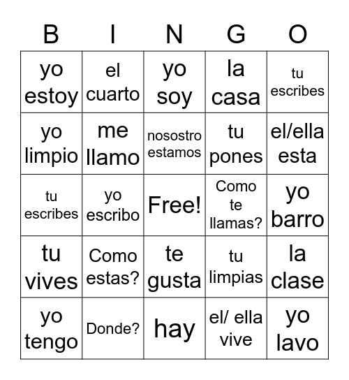 spanish verbs Bingo Card