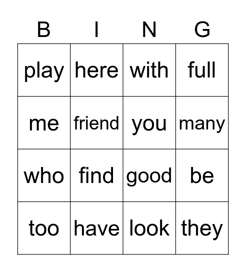 Sight Words Unit 1 Bingo Card