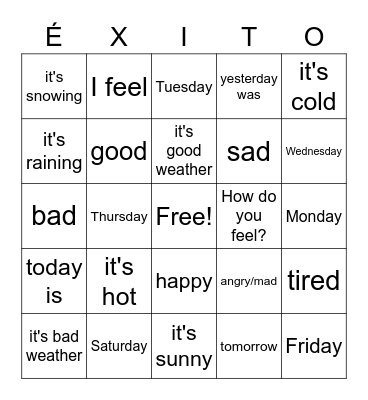 Los días de la semana, el clima, y las emociones Bingo Card