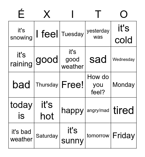 Los días de la semana, el clima, y las emociones Bingo Card