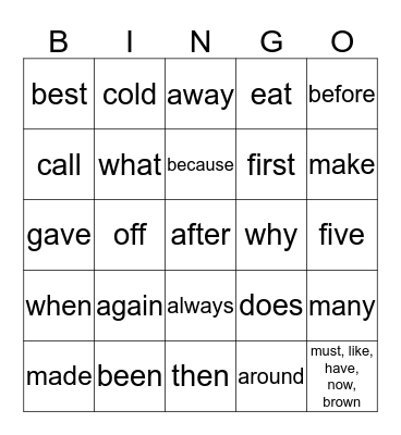 Sight Words Bingo Card