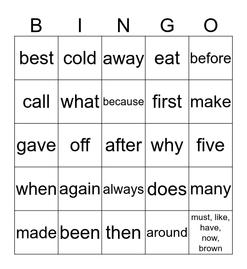 Sight Words Bingo Card