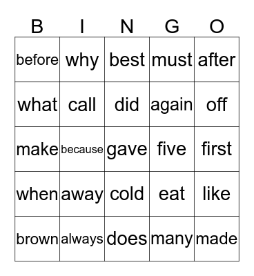 Sight Words Bingo Card