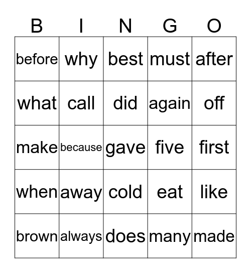 Sight Words Bingo Card