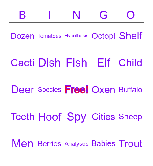 Irregular Noun Bingo! Bingo Card