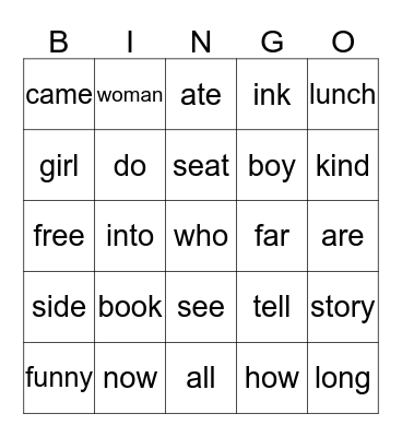 Sight Words 2 Bingo Card