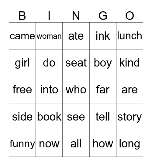 Sight Words 2 Bingo Card