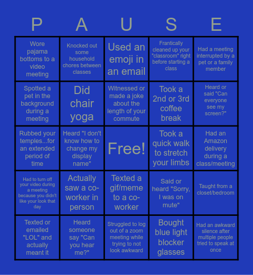Adaptive Pause Bingo! Bingo Card