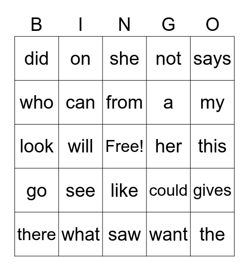 Word Wall Words Bingo Card