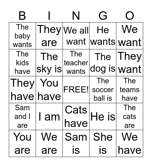 English Verbs Bingo Card
