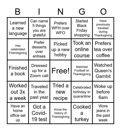 Thanksgiving Tap 2020 Bingo Card