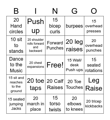 Fitness Bingo Card