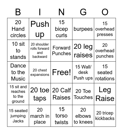 Fitness Bingo Card