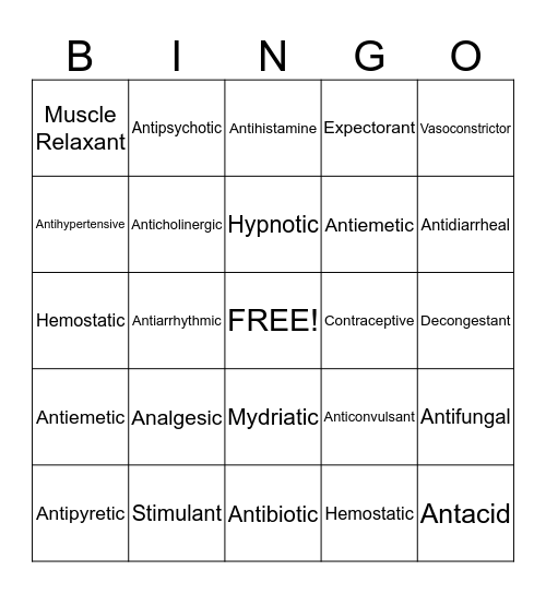 Drug Classification Bingo Card