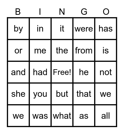 MJ's Sight Words Bingo Card