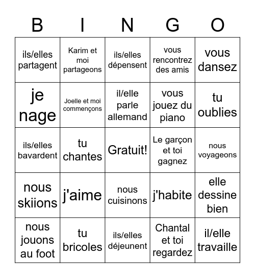 Conjugaison de verbes réguliers en ER Bingo Card