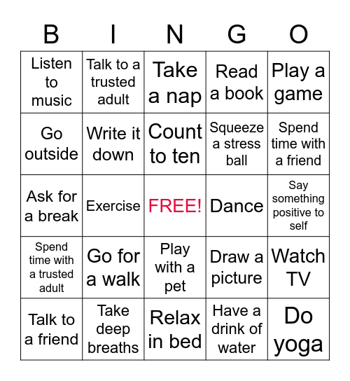 Coping Skills Bingo Card