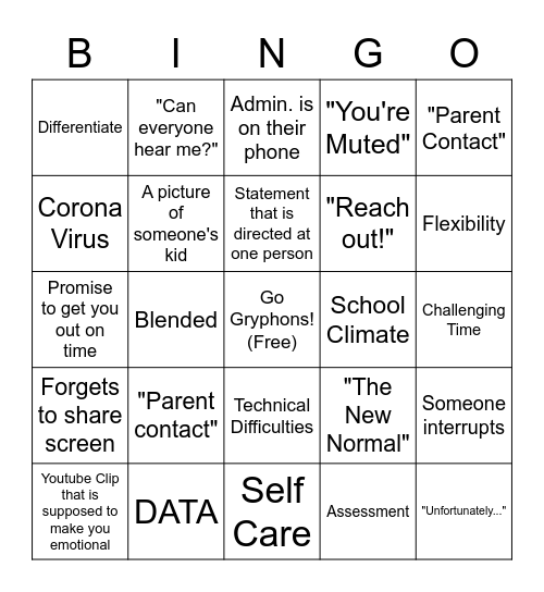 Faculty Meeting Bingo- ZOOM Edition Bingo Card