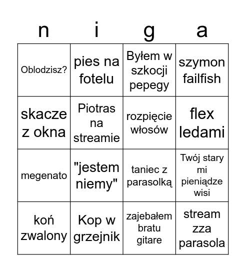 niga Bingo Card